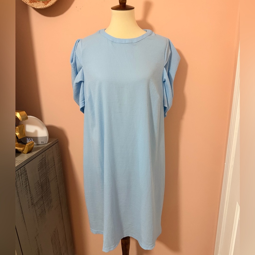 SHEIN Curve Pale Blue Textured Shift Dress with Pleated Short Sleeves Sz 2XL